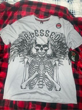 Blessed Skull Graphic Short Sleeve T-Shirt — Light Gray Size L NWT